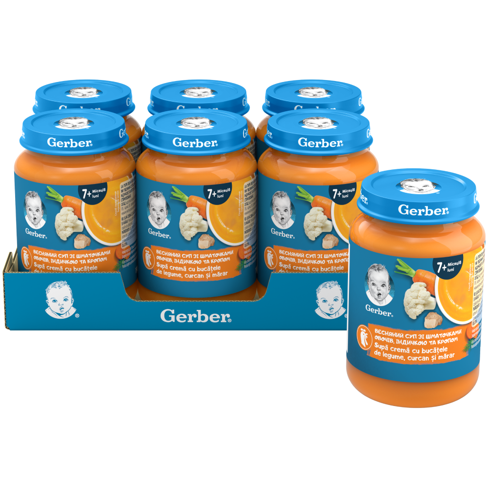 ПЮРЕ ОВОЧЕ-М'ЯСНЕ GERBER® ЗІ ШМАТОЧКАМИ "ВЕСНЯНИЙ СУП ЗІ ШМАТОЧКАМИ ОВОЧІВ, ІНДИЧКОЮ ТА КРОПОМ" ДЛЯ ДІТЕЙ ІЗ 7 МІСЯЦІВ. СТЕРИЛІЗОВАНЕ. 