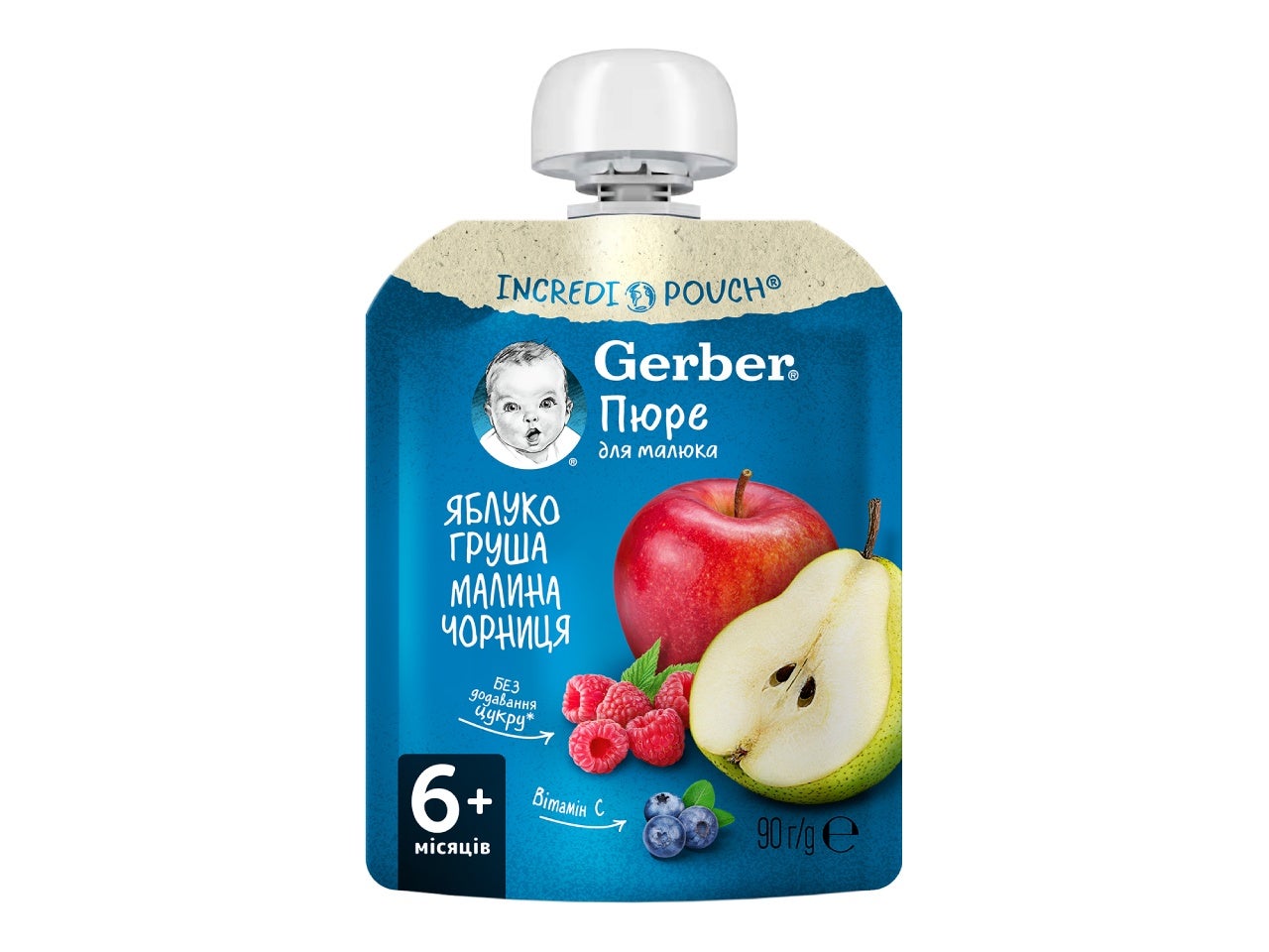 Фруктове пюре Gerber Яблуко, груша, малина, чорниця (пауч)