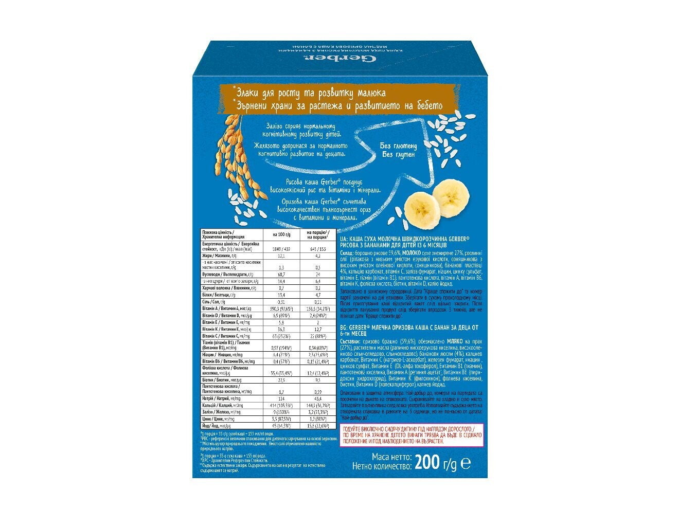 Перша молочна дитяча швидкорозчинна каша GERBER® "РИСОВА З БАНАНАМИ"