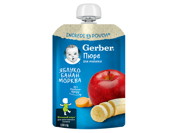 Фруктово-овочеве пюре Gerber® з яблук, бананів та моркви Фруктово-овочеве пюре Gerber® з яблук, бананів та моркви