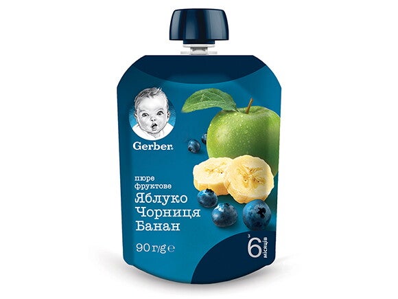 Фруктове пюре Gerber Яблуко, чорниця, банан (пауч)