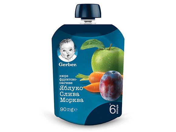Фруктове пюре Gerber Яблуко, слива, морква (пауч) Фруктове пюре Gerber Яблуко, слива, морква (пауч)