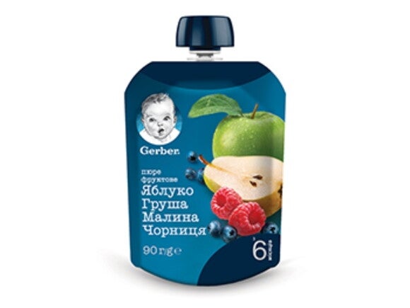 Фруктове пюре Gerber Яблуко, груша, малина, чорниця (пауч) Фруктове пюре Gerber Яблуко, груша, малина, чорниця (пауч)