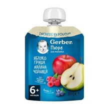 Фруктове пюре Gerber Яблуко, груша, малина, чорниця (пауч)