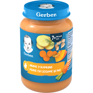 ПЮРЕ ОВОЧЕ-М'ЯСНЕ GERBER® ЗІ ШМАТОЧКАМИ  "ОВОЧІ З КУРКОЮ" ДЛЯ ДІТЕЙ ІЗ 7  МІСЯЦІВ. СТЕРИЛІЗОВАНЕ.