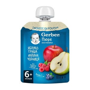 Фруктове пюре Gerber Яблуко, груша, малина, чорниця (пауч)