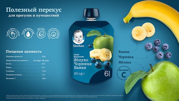 Фруктовое пюре Gerber Яблоко, черника, банан (пауч)